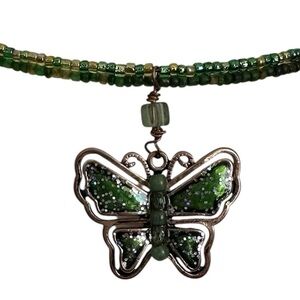 Green Butterfly Pendant On Beaded Choker  Necklace